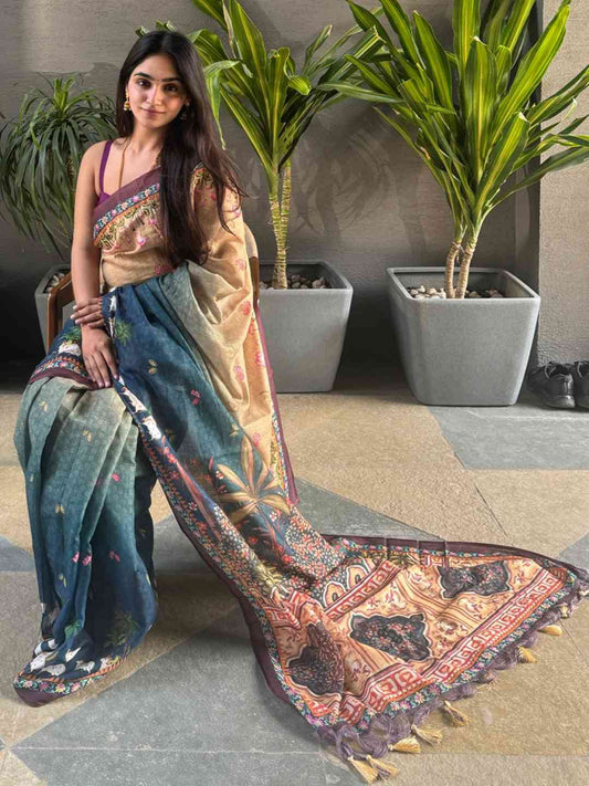 Soft Linen Ombre Pichwai Printed Turquoise Colour Saree by My Store
