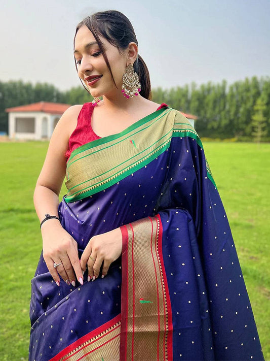Navy Blue Paithani Ganga Jamuna Broder Saree by My Store