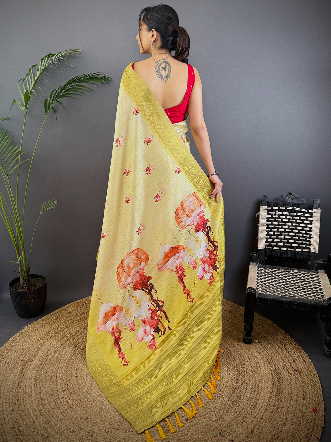 Mustard Yellow Digital Print Soft Dola Silk Saree by My Store