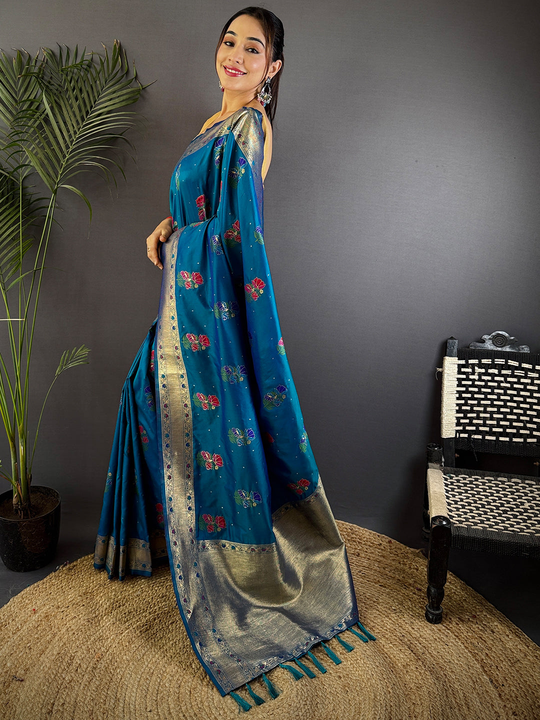 Sky Soft Silk Flowerport Minakari Saree by My Store