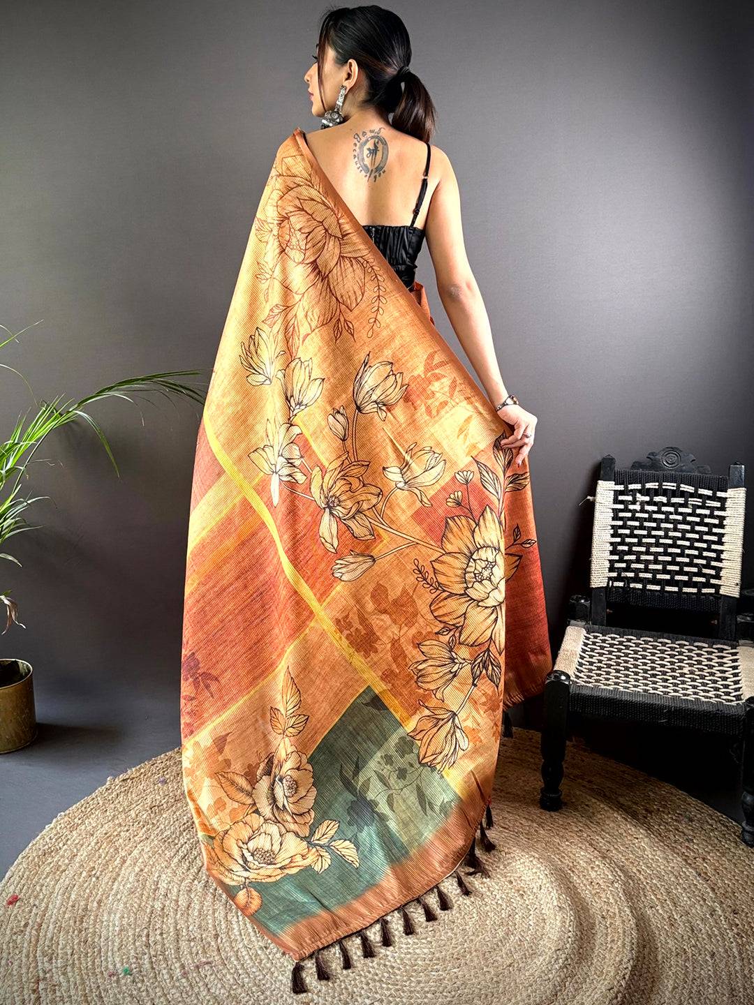 Brown Semi Gold Zari Tussar Saree by My Store