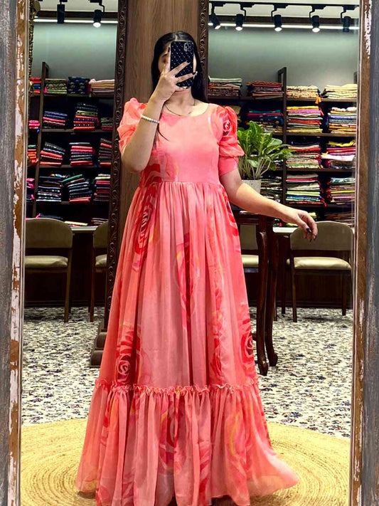 Coral Floral Georgette Dress by My Store