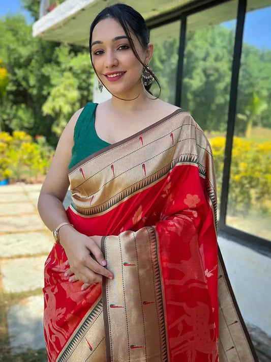 Red Colour Paithani Silk Pichwai Woven Saree by My Store