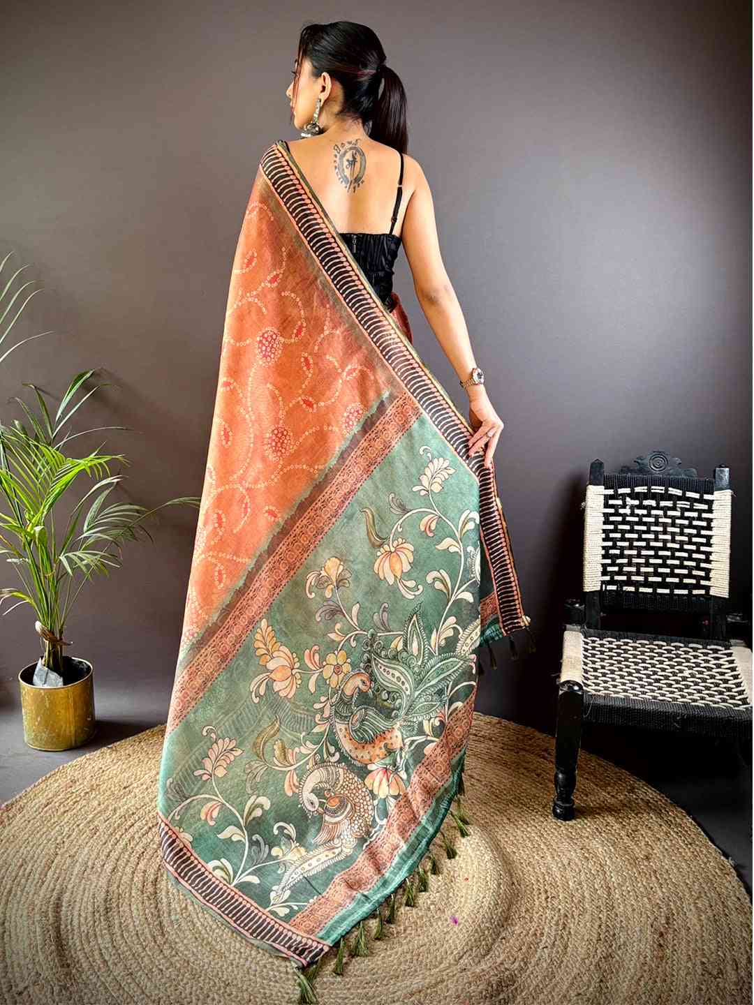 Light Brown Floral Chanderi Saree by My Store