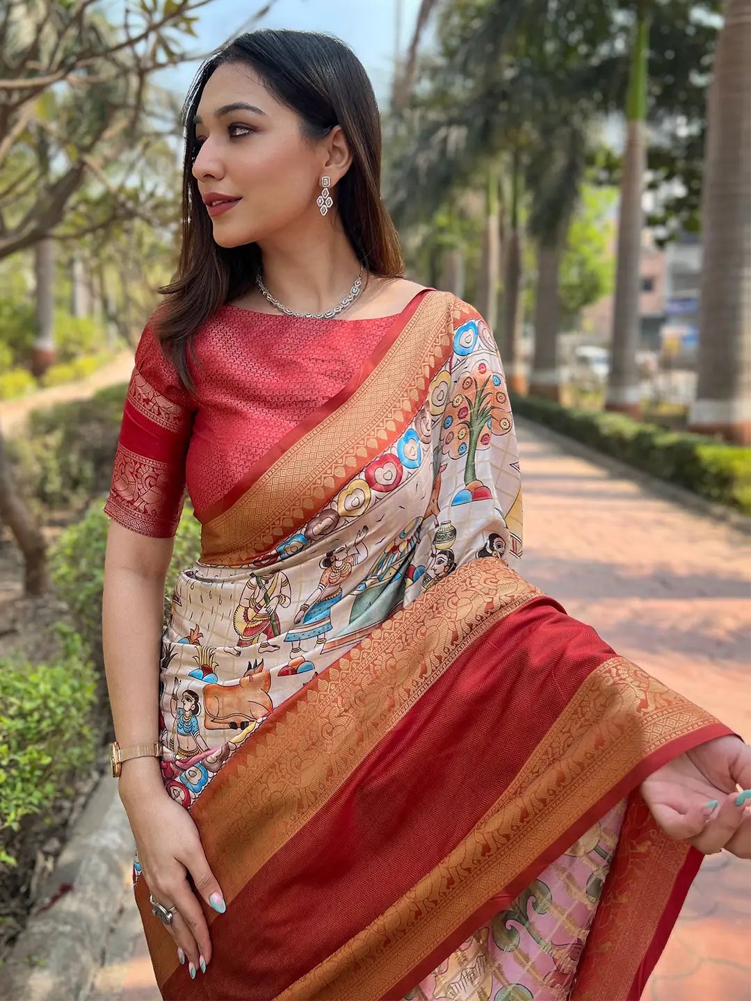 Beige Colour Double Border Chex Weaving Banarasi Soft Silk Saree