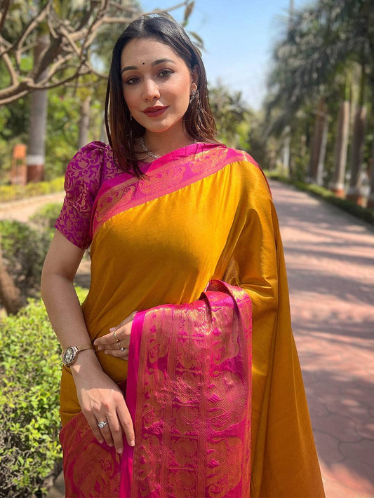 Aura Soft Silk Mustard Colour Saree With Self Weaving Broced Blouse