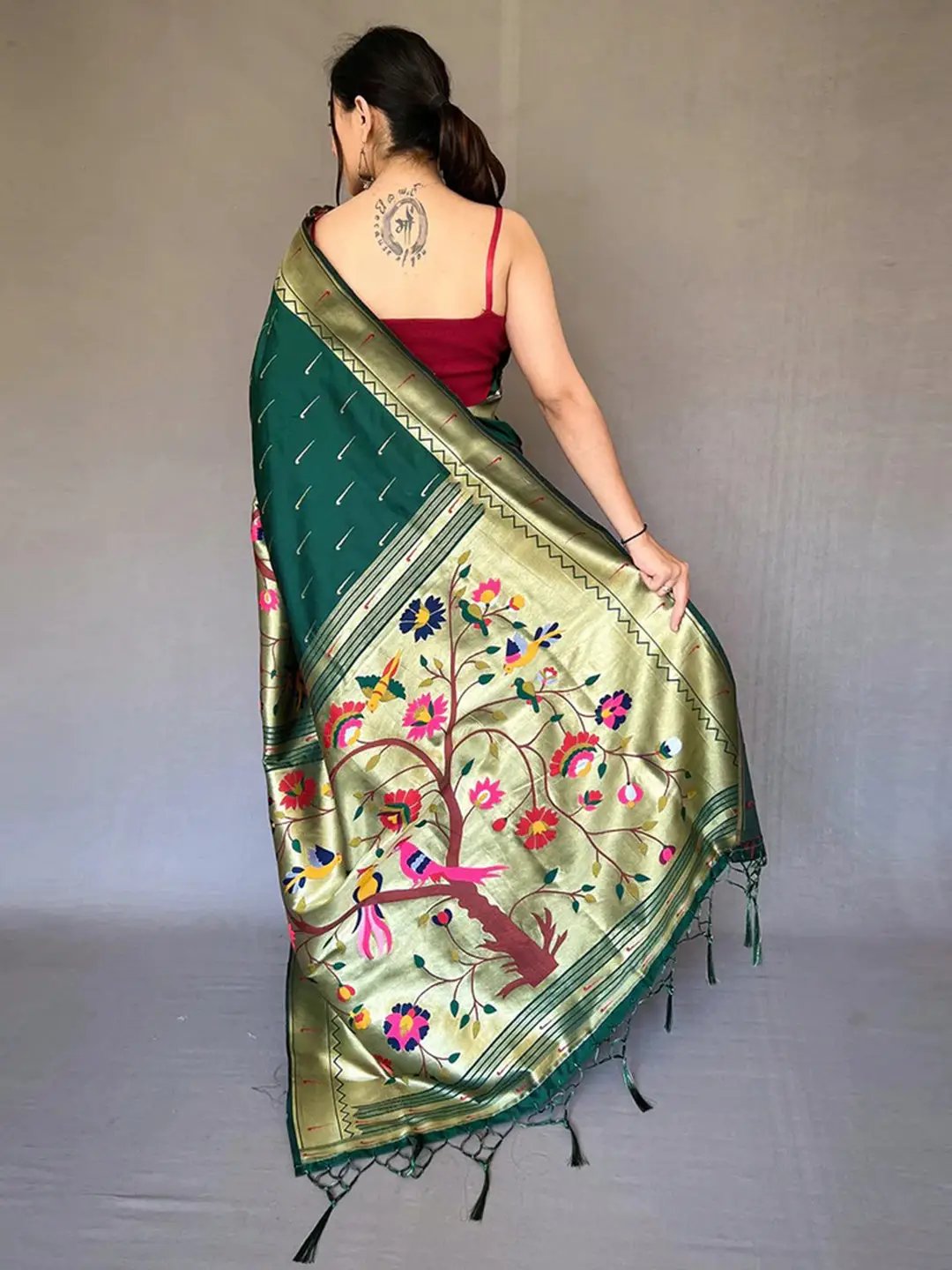 Bottle Green Paithani Big Border Zari Woven Saree by My Store