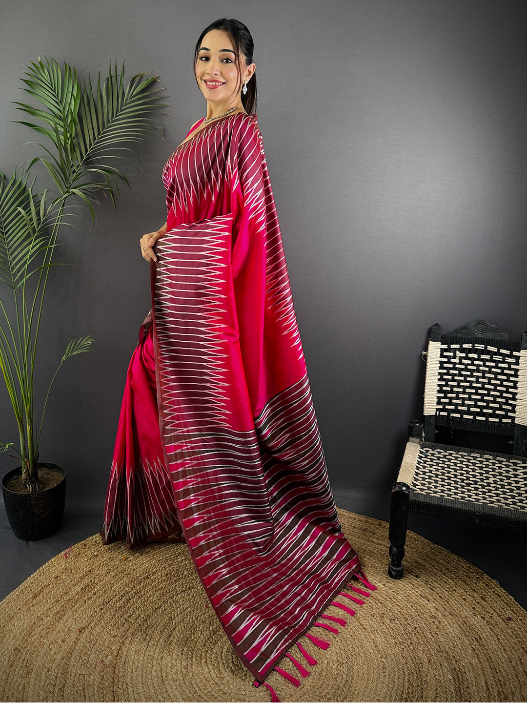 Pink Soft Silk Ikkat Zari Weaving Saree by My Store