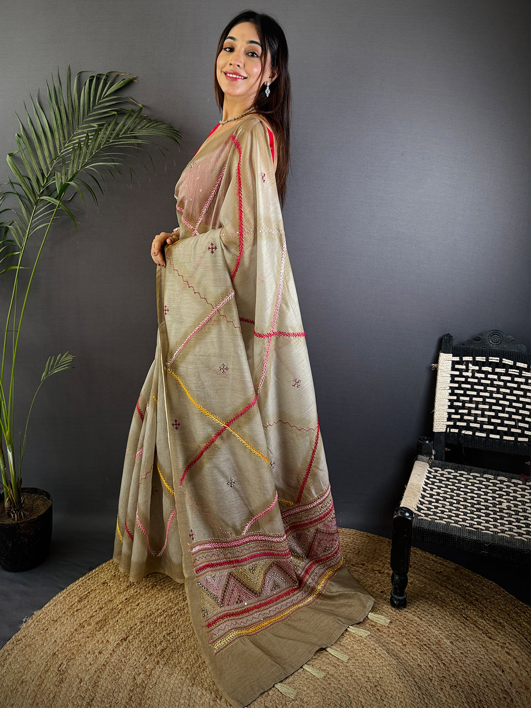 Pure Katha Stitch Tussar Silk Saree by My Store