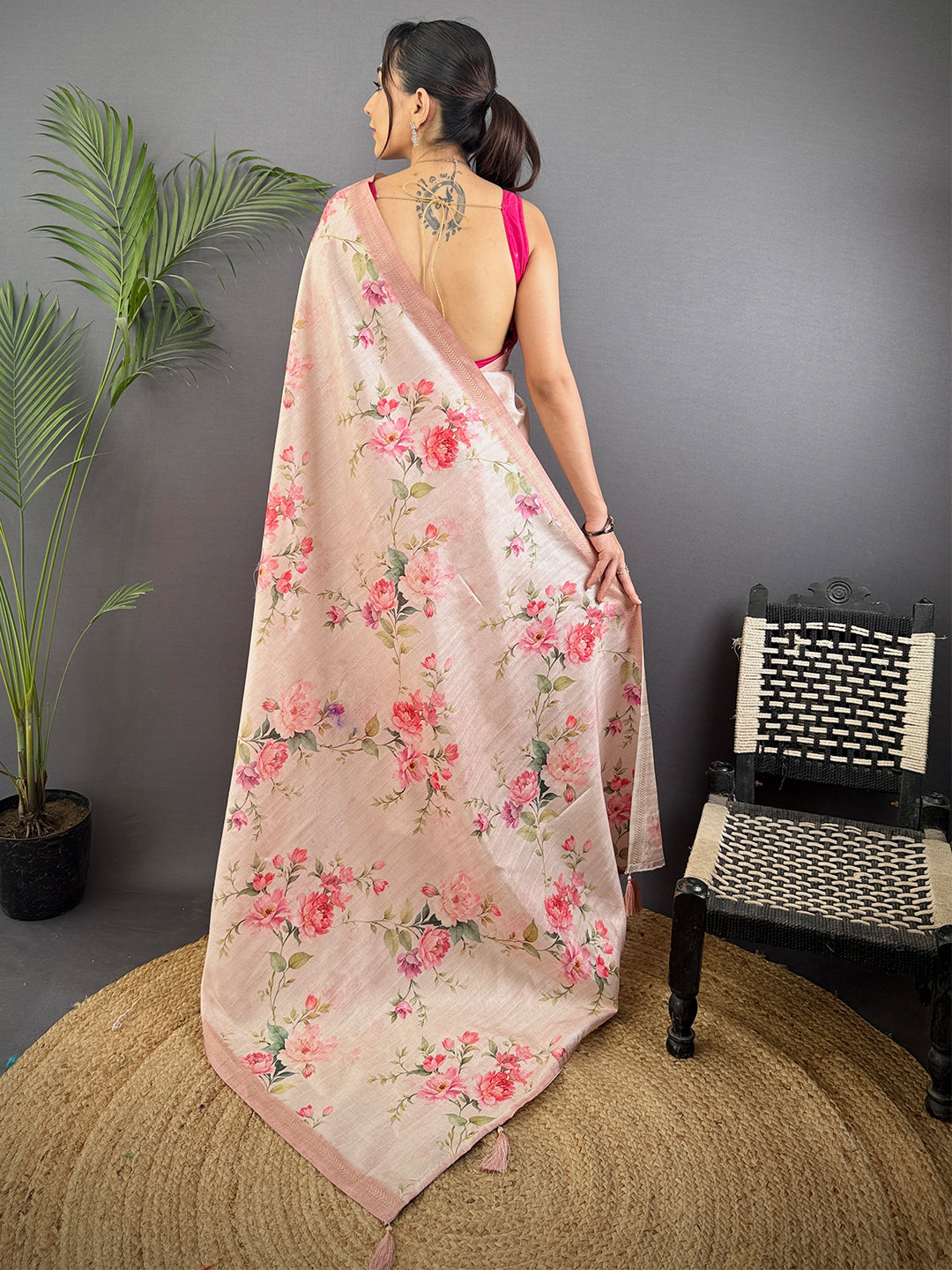 Light Pink Ghicha Leaf Print Saree by My Store