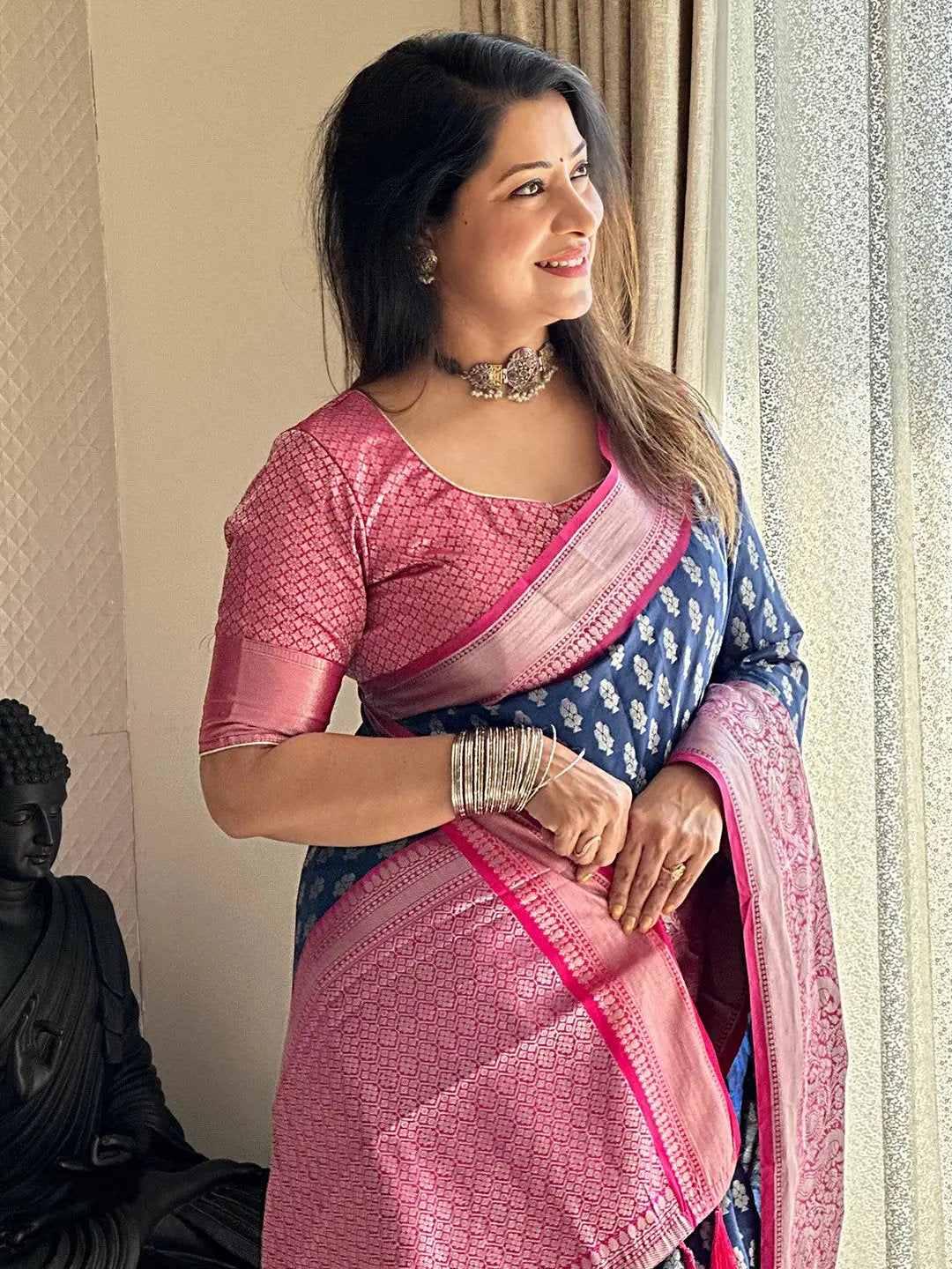Blue Banarasi Katan Silk Butti Saree