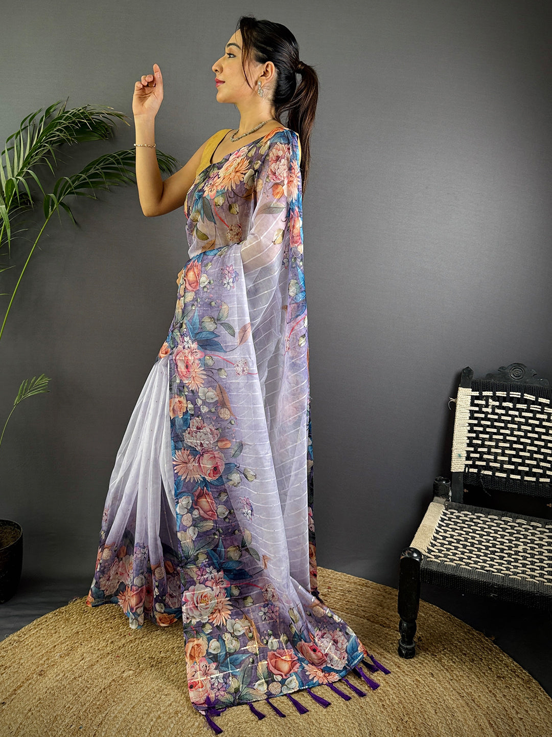 Light Purple Soft Organza Digital Floral Saree by My Store