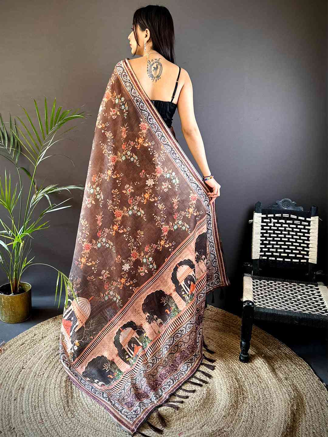 Coffee Brown Tissue Chanderi Kalamkari Handprint Saree by My Store
