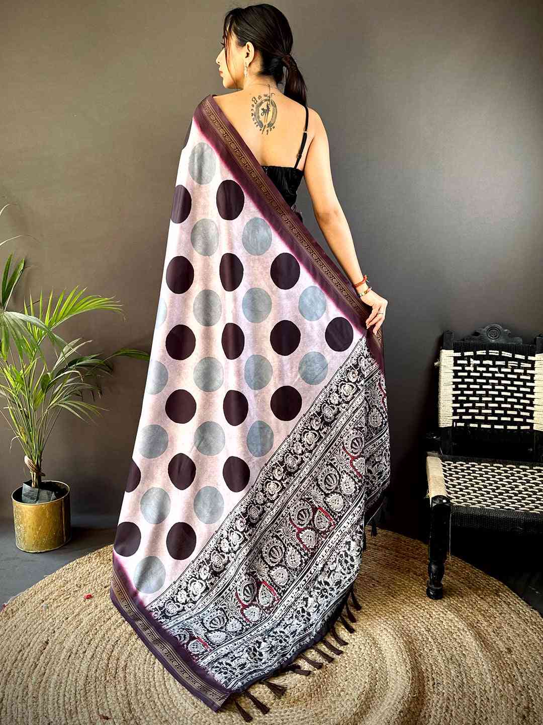 Lavender Soft Silk Polka Dot Print Saree by My Store