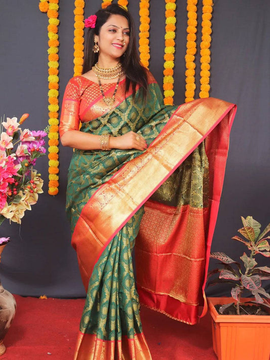 Green Banarasi Brocade Saree by My Store