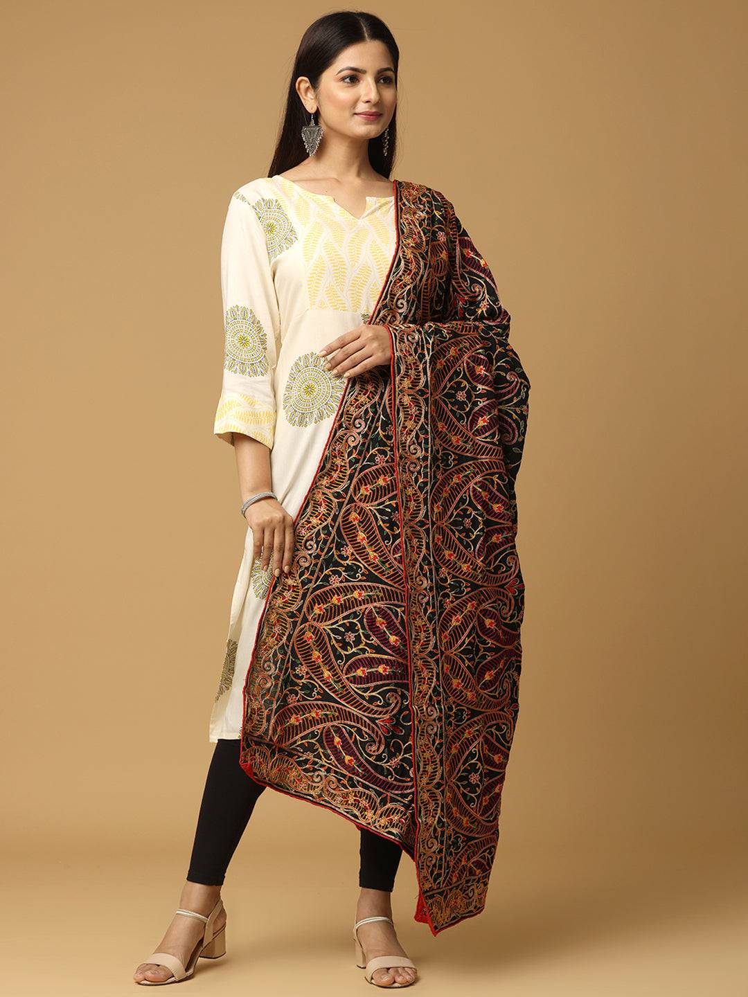 Black Colour Poly Chiffon Pashmina Threadwork Dupatta