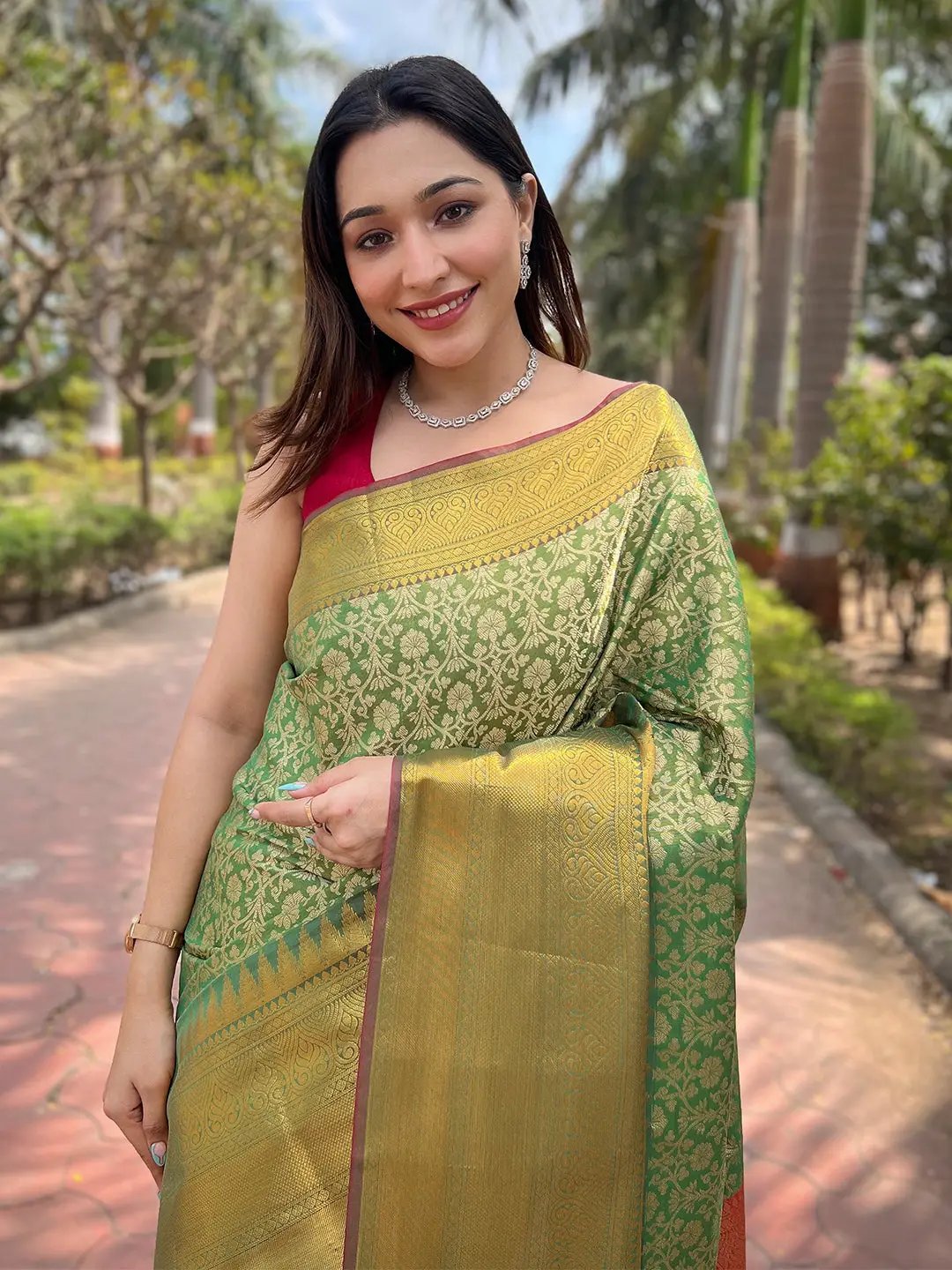 Pista Colour One Gram Gold Tissue Saree With Jacquard Woven Work by My Store