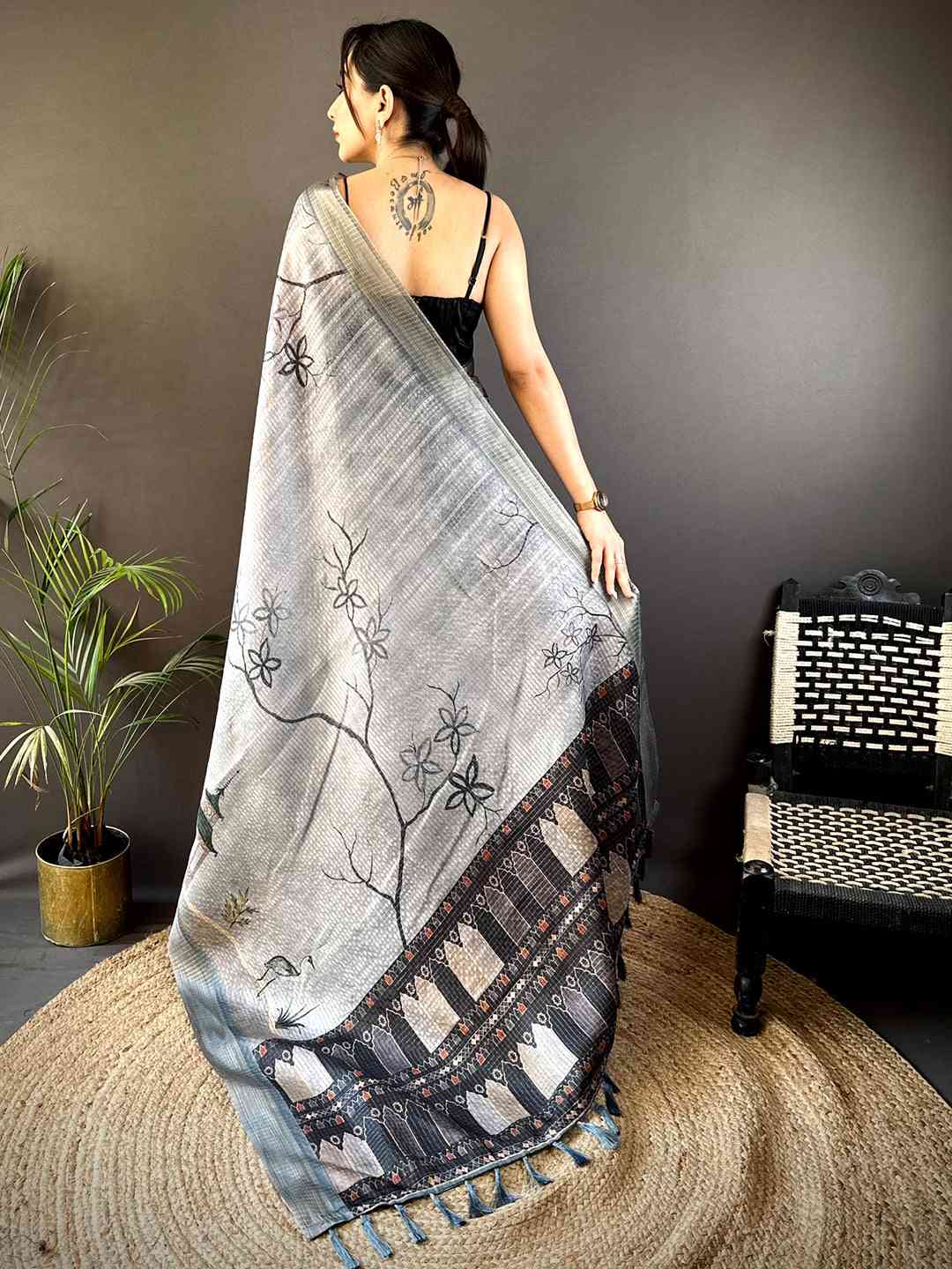 Slate Grey Tussar Chex Japanese Print Saree by My Store