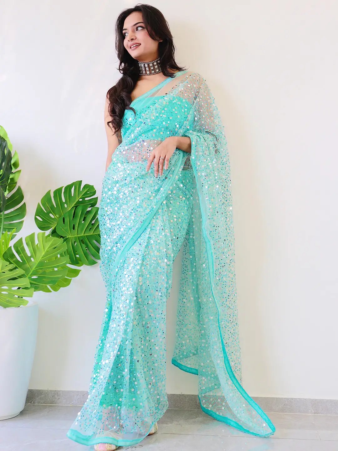Beautiful Net Saree With Sequins Embroidery Work