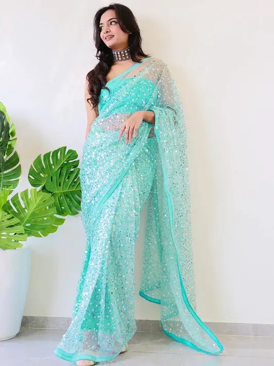 Beautiful Net Saree With Sequins Embroidery Work