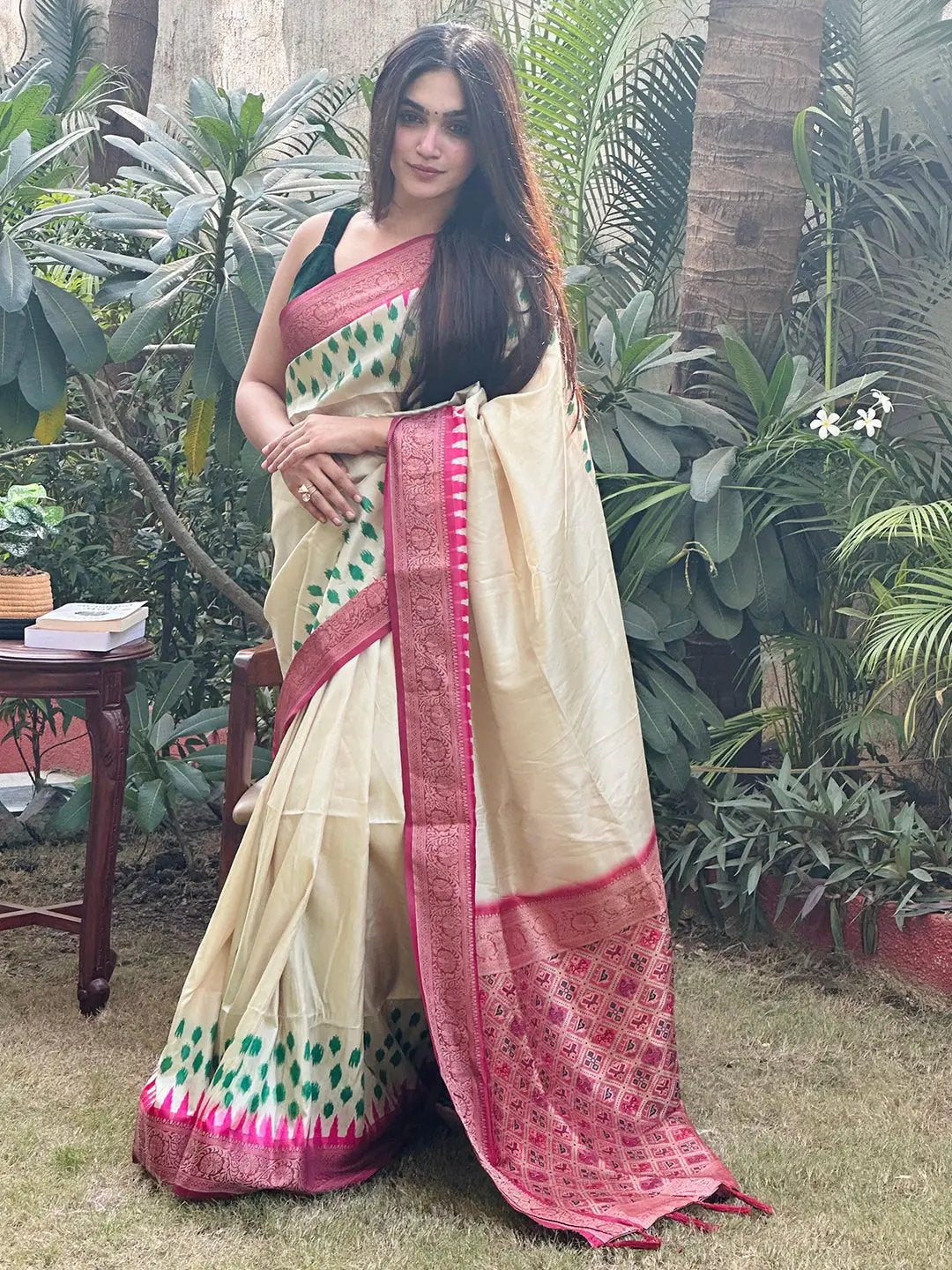 Pure Banarasi Soft Silk With Patola Pallu on Saree in Cream Colour by My Store