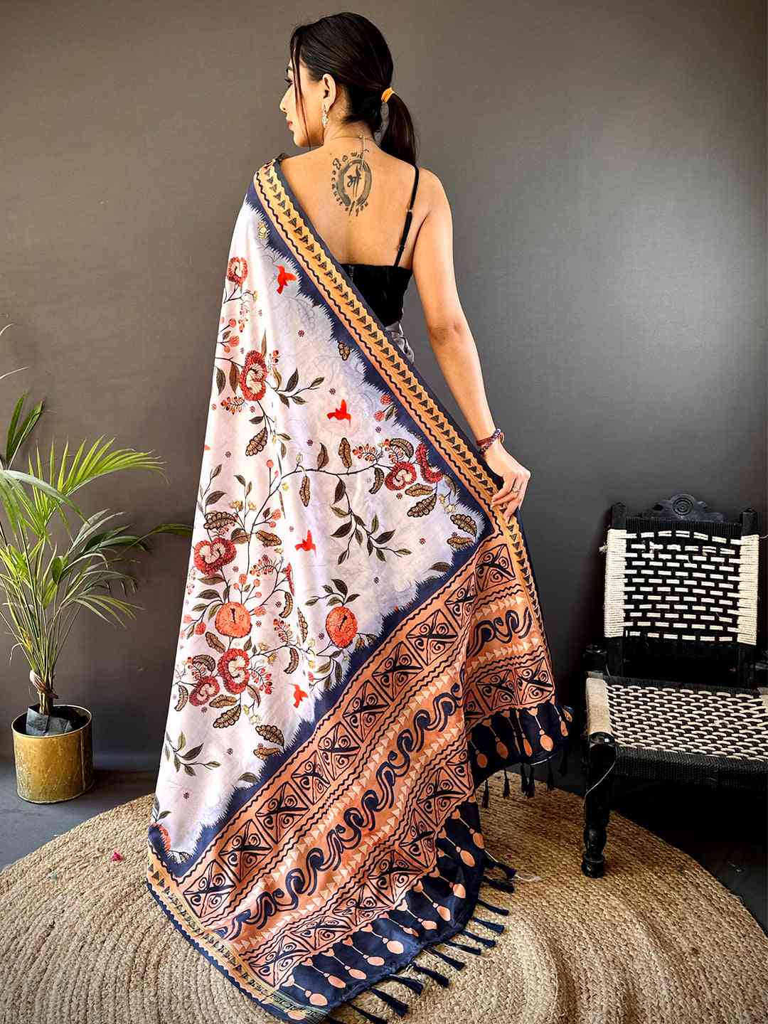 Off White Soft Silk Floral Saree by My Store