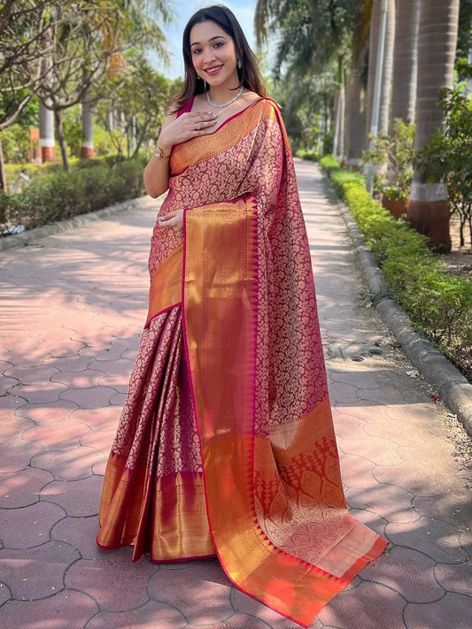 Pink Colour One Gram Gold Tissue Saree With Jacquard Woven Work by My Store