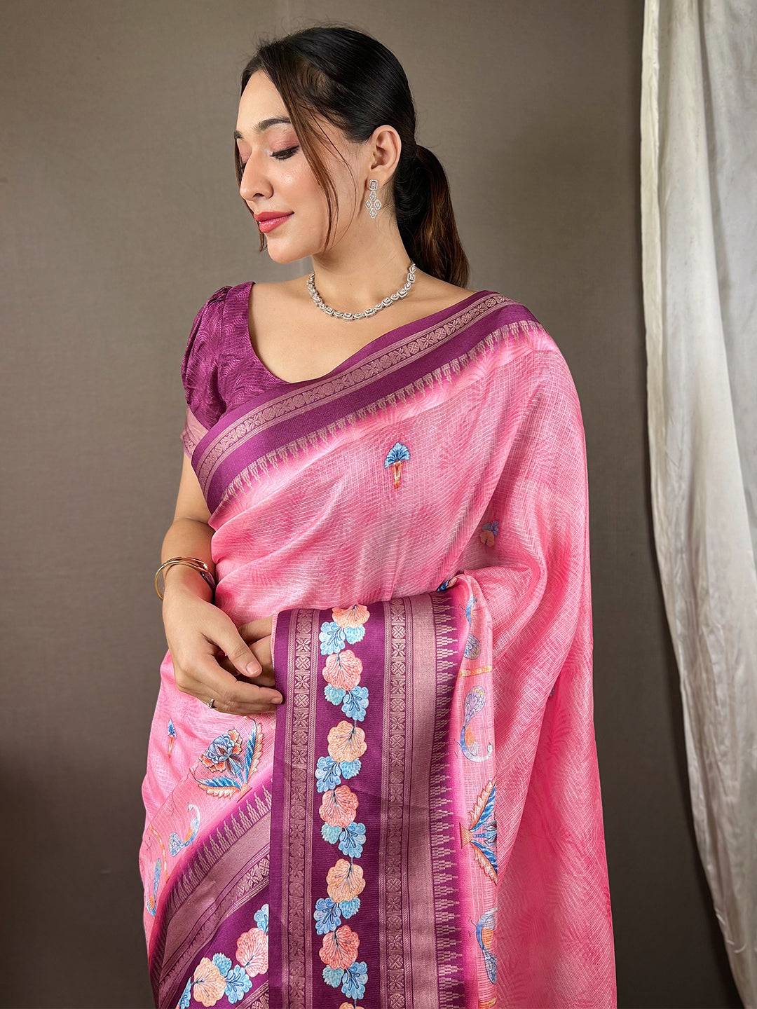 Oriental lily Pink Kota Satin Border Saree by My Store