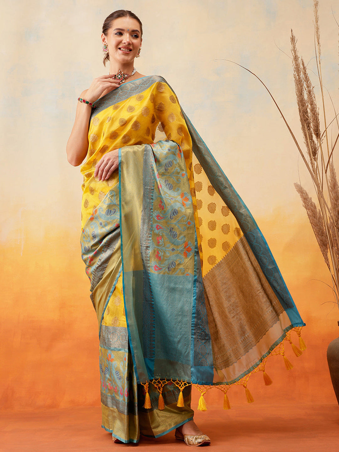 Vibrant Yellow Ethnic Motifs Banarasi Silk Saree