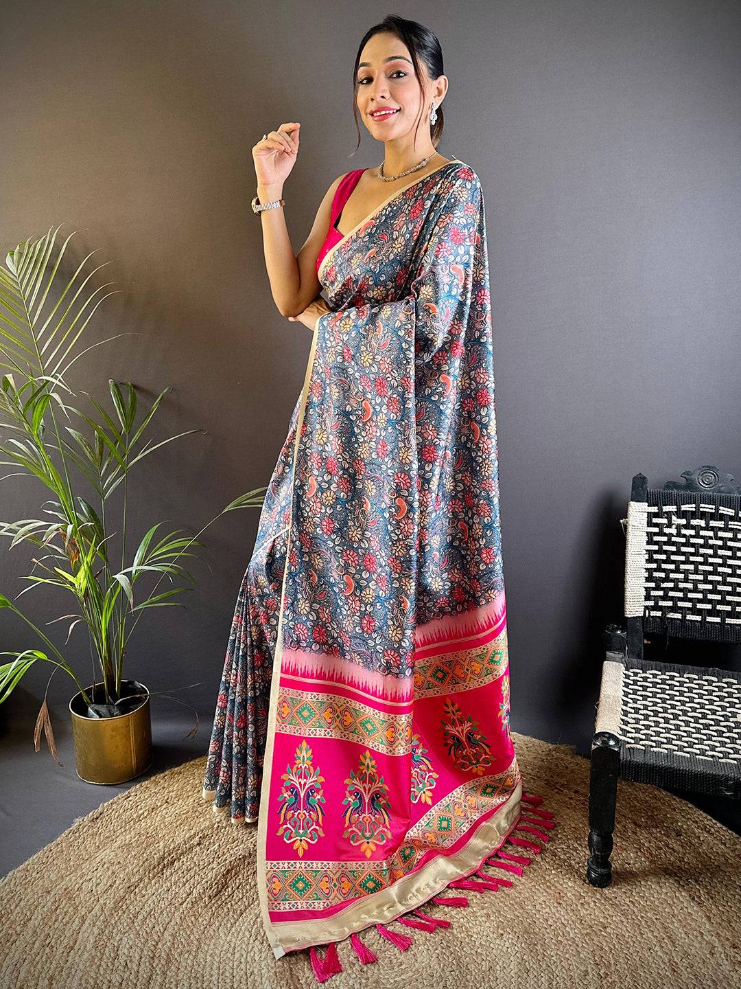 Smoke Grey Kalamkari Floral Print Gamthi Saree by My Store