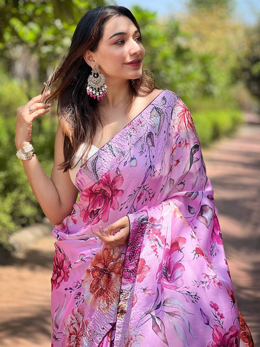Satin Georgette Pink Floral Digital Print Saree by My Store
