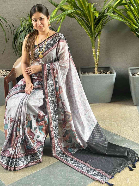 Grey Colour Satin Kota Doria Digital Kalamkari Zari Pallu by My Store