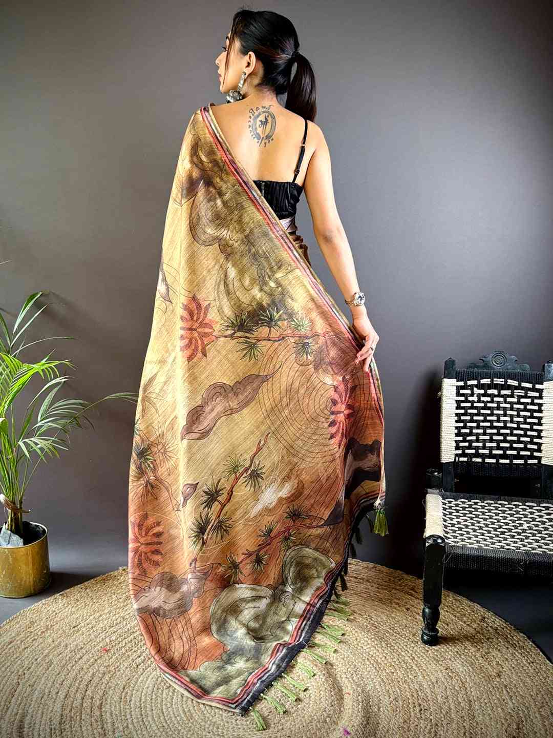 Brown Tissue Chanderi Floral Abstract Saree by My Store