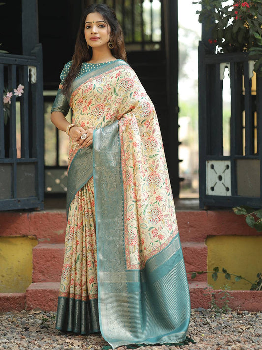 Cream Colour Phulkari Design Zari Weaving Pallu Saree - Luxe by My Store