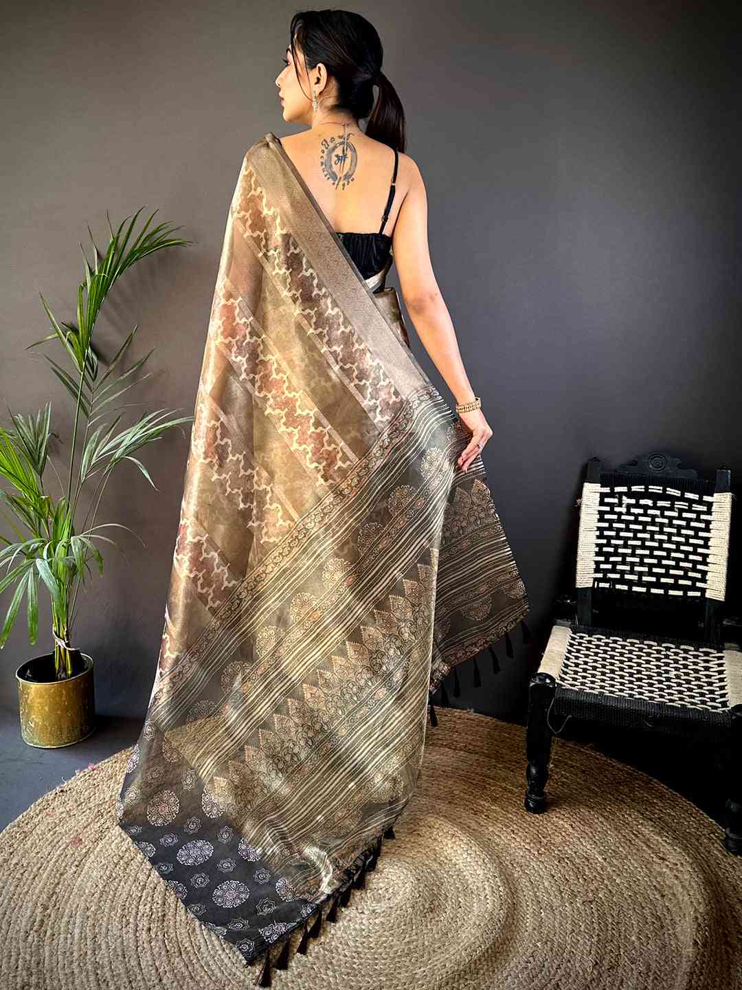 Light Maroon Tissue Striped Digital Printed Saree by My Store