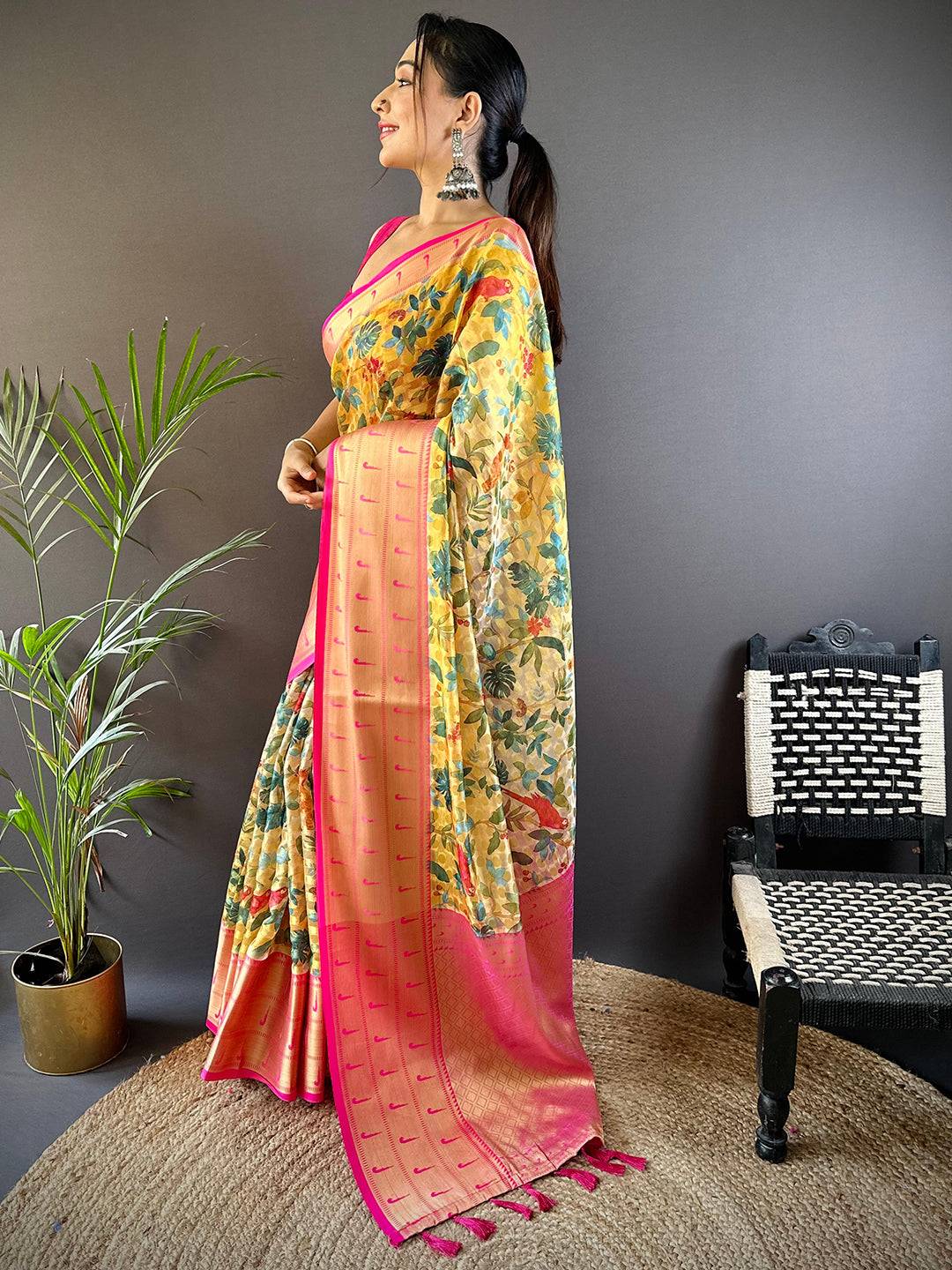 Yellow Floral Paithani Kora Silk Saree