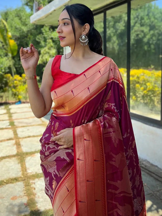 Magenta Wine Paithani Silk Pichwai Saree by My Store