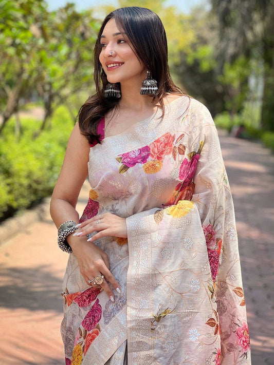 Grey Lakhnavi Bandla Zari Weaving Saree by My Store