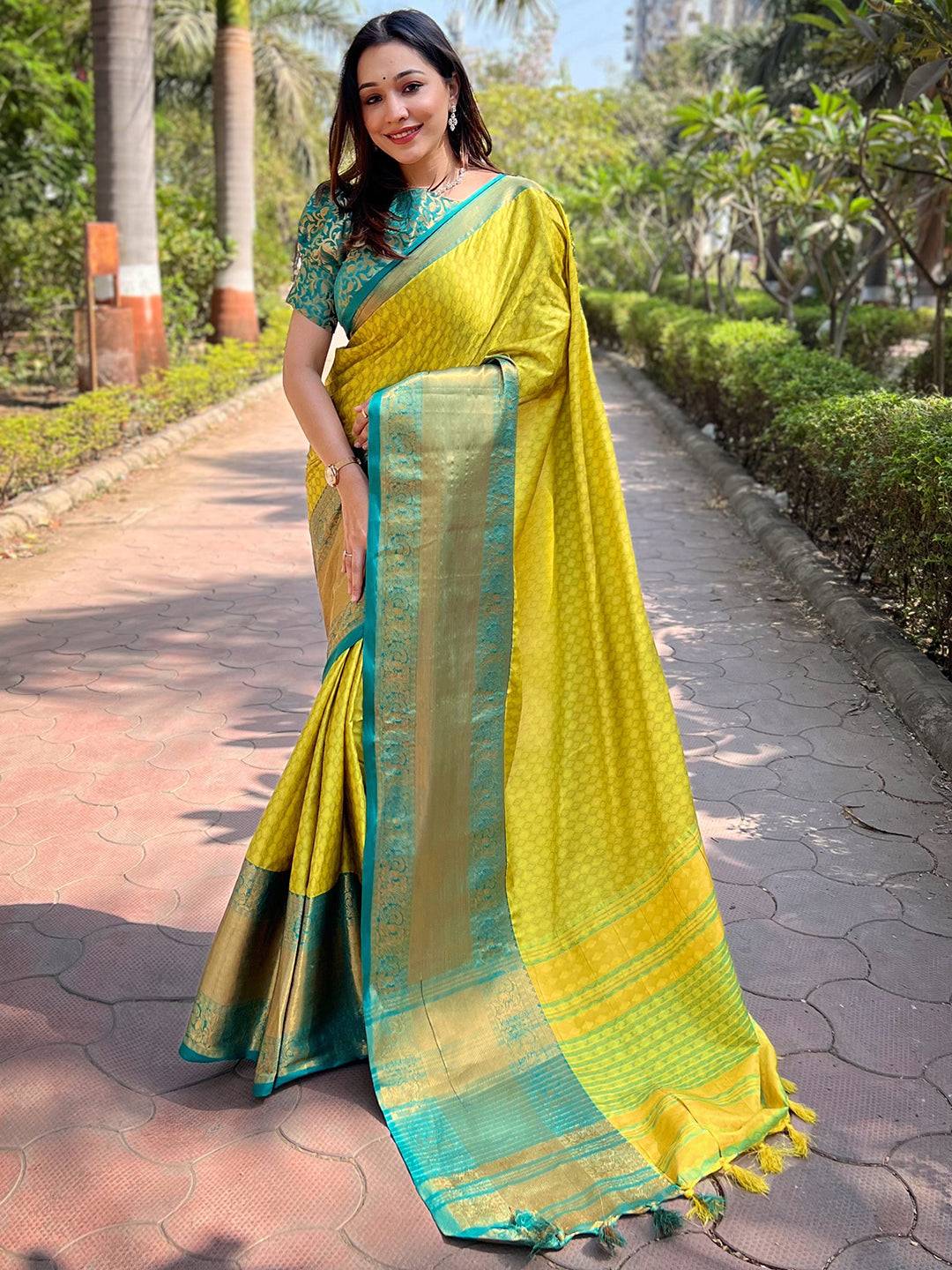 Lime Colour Kanjivaram Aura Soft Silk Saree With Broced Zari Blouse by My Store