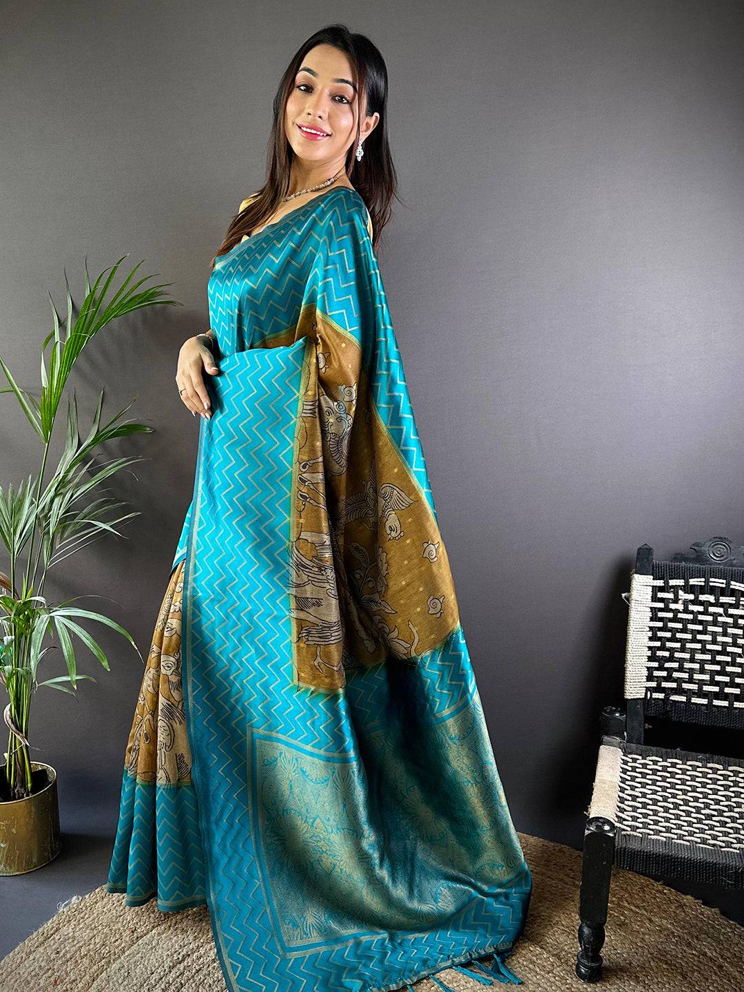 Rama Heritage Weave Kalamkari Soft Silk Saree by My Store