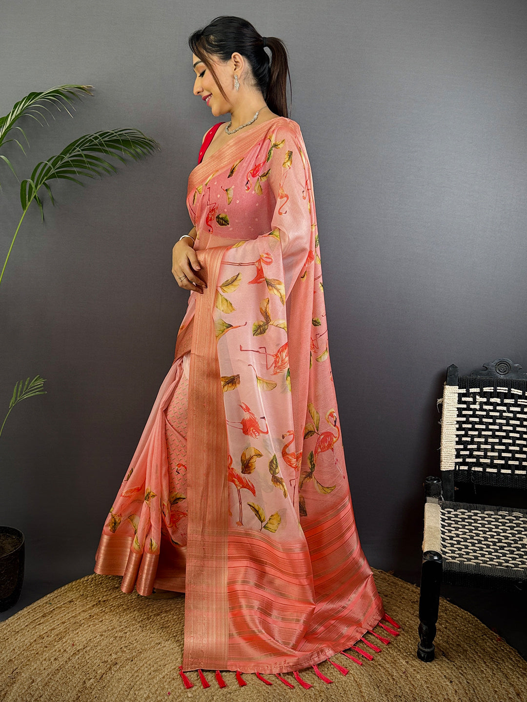Coral Soft Organza Digital Print Saree by My Store