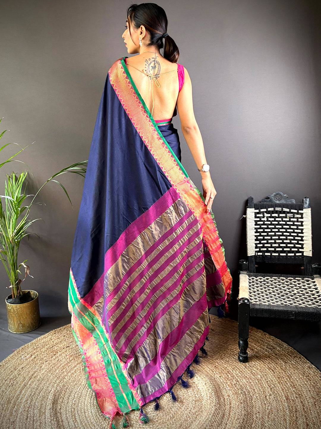 Navy Gold Zari Silk Saree by My Store
