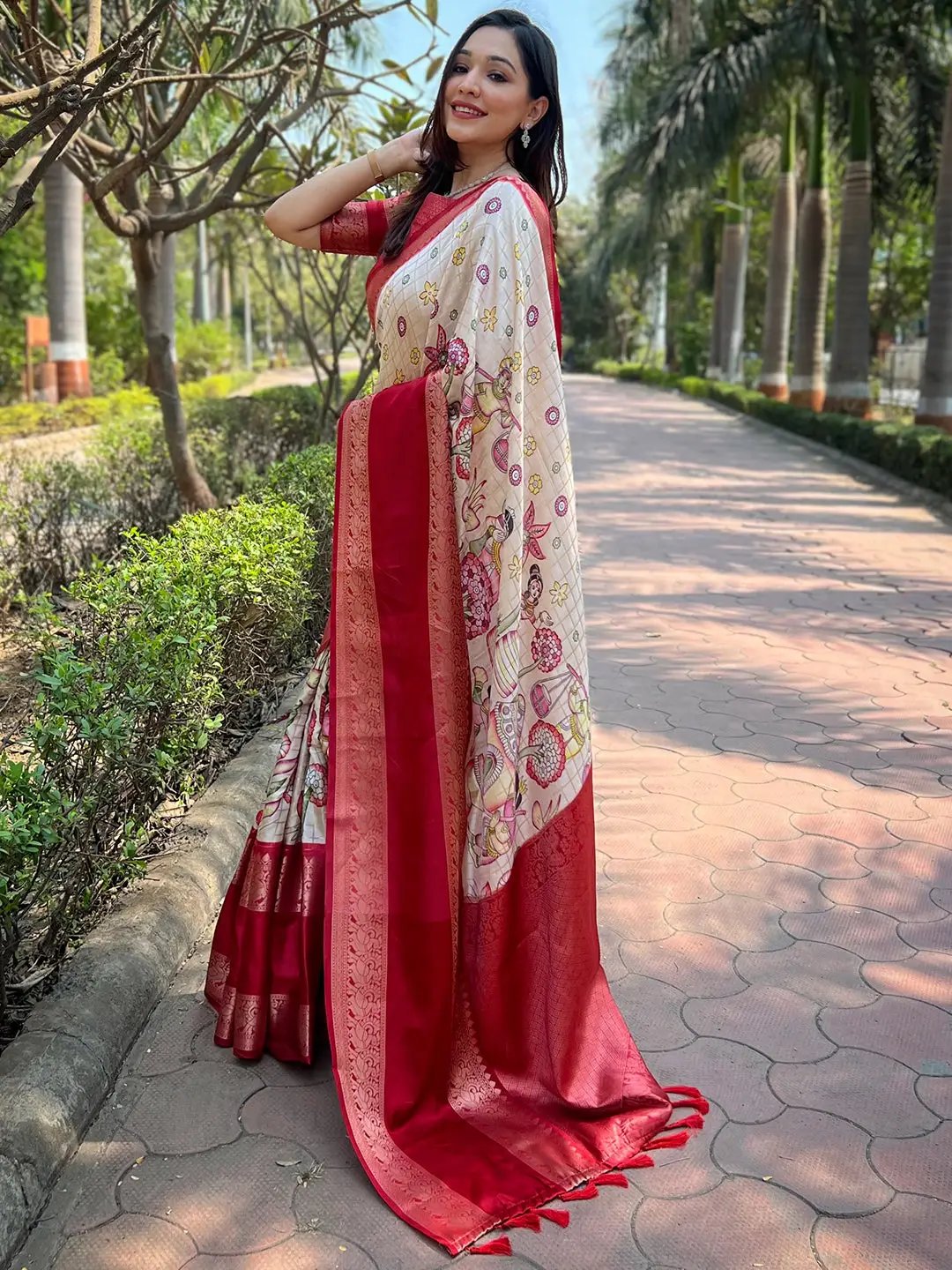 Chiku Colour Double Border Chex Weaving Banarasi Soft Silk Saree by My Store