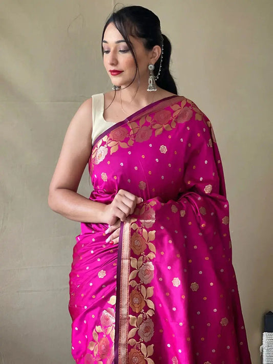 Pink Colour Banarasi Silk Zari Woven Saree by My Store
