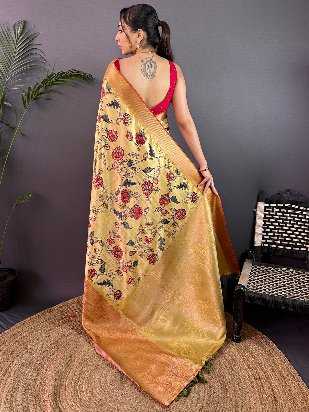 Lemon Yellow Cherry Satin Kalamkari Saree by My Store