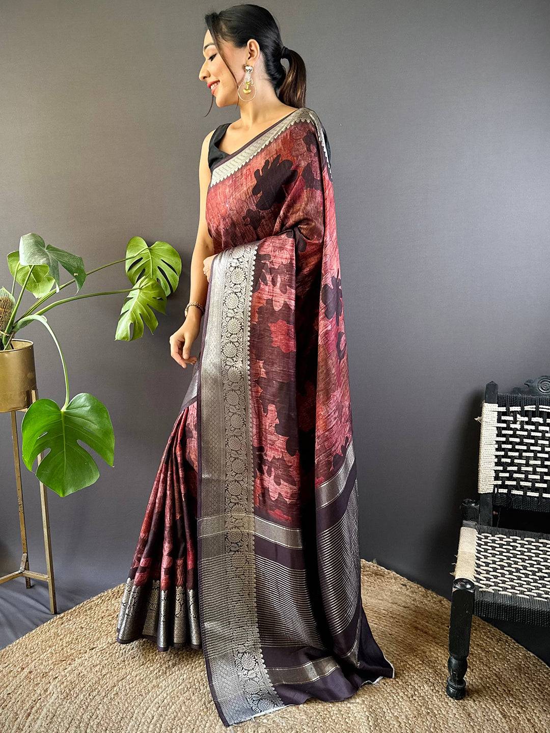 Maroon Zari Woven Floral Dola Silk Saree by My Store