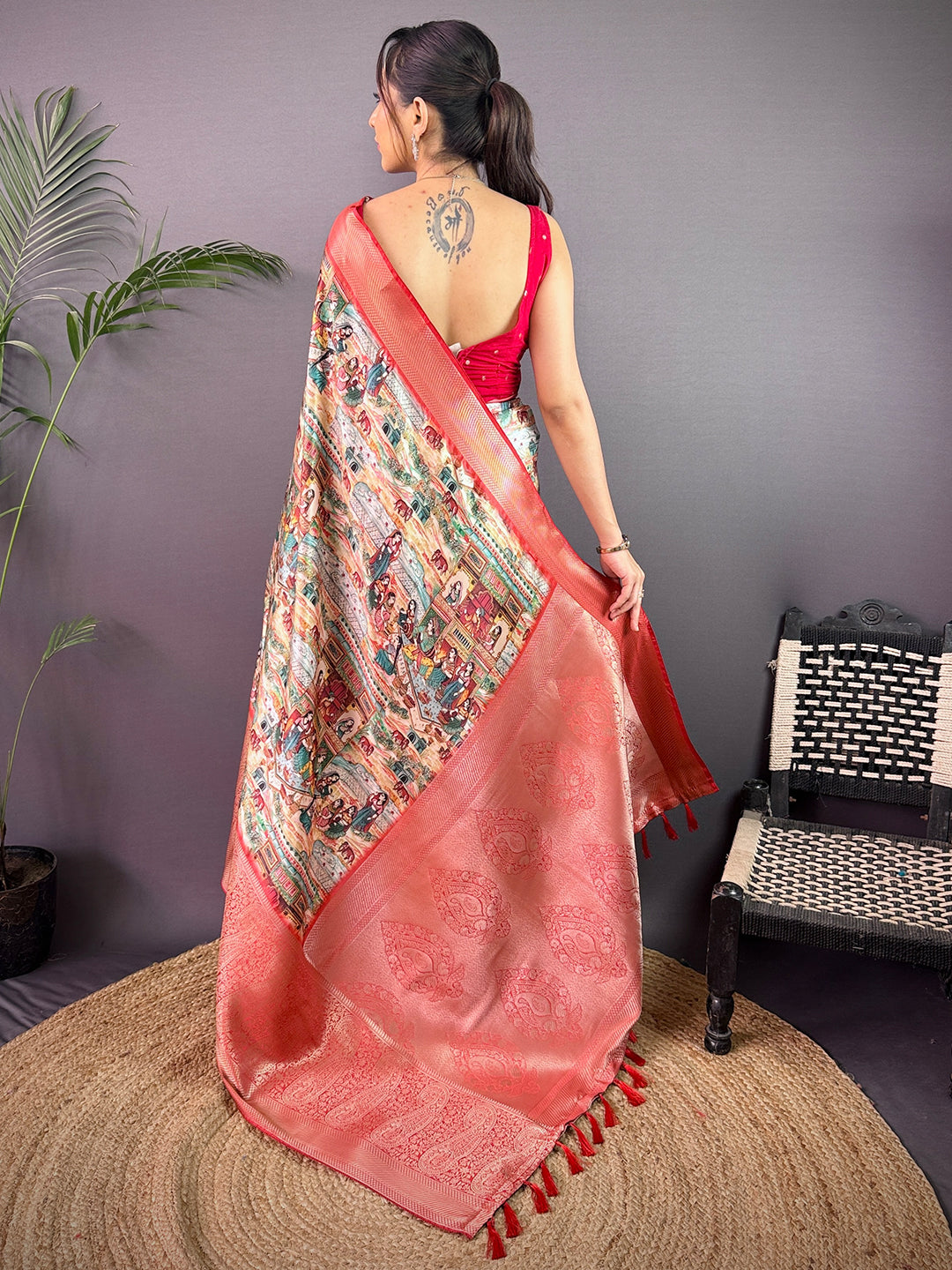 Multi Cherry Satin Kalamkari Saree by My Store