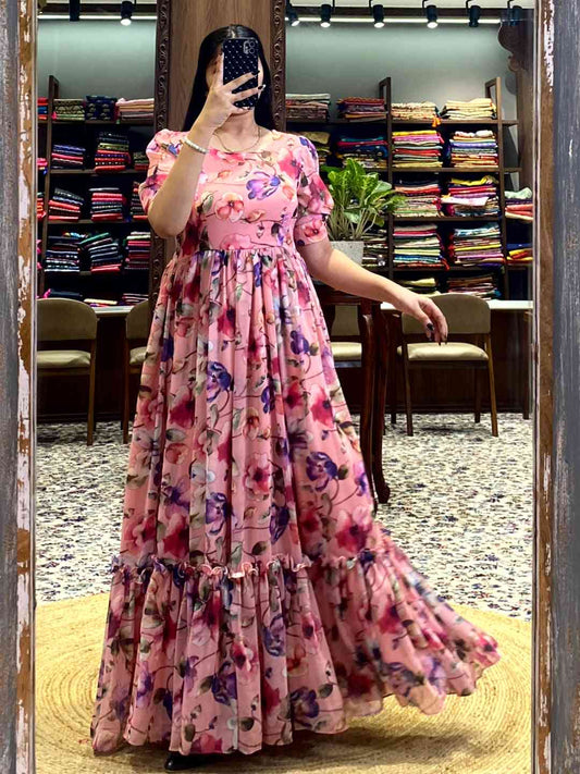 Salmon Pink Floral Georgette Dress by My Store