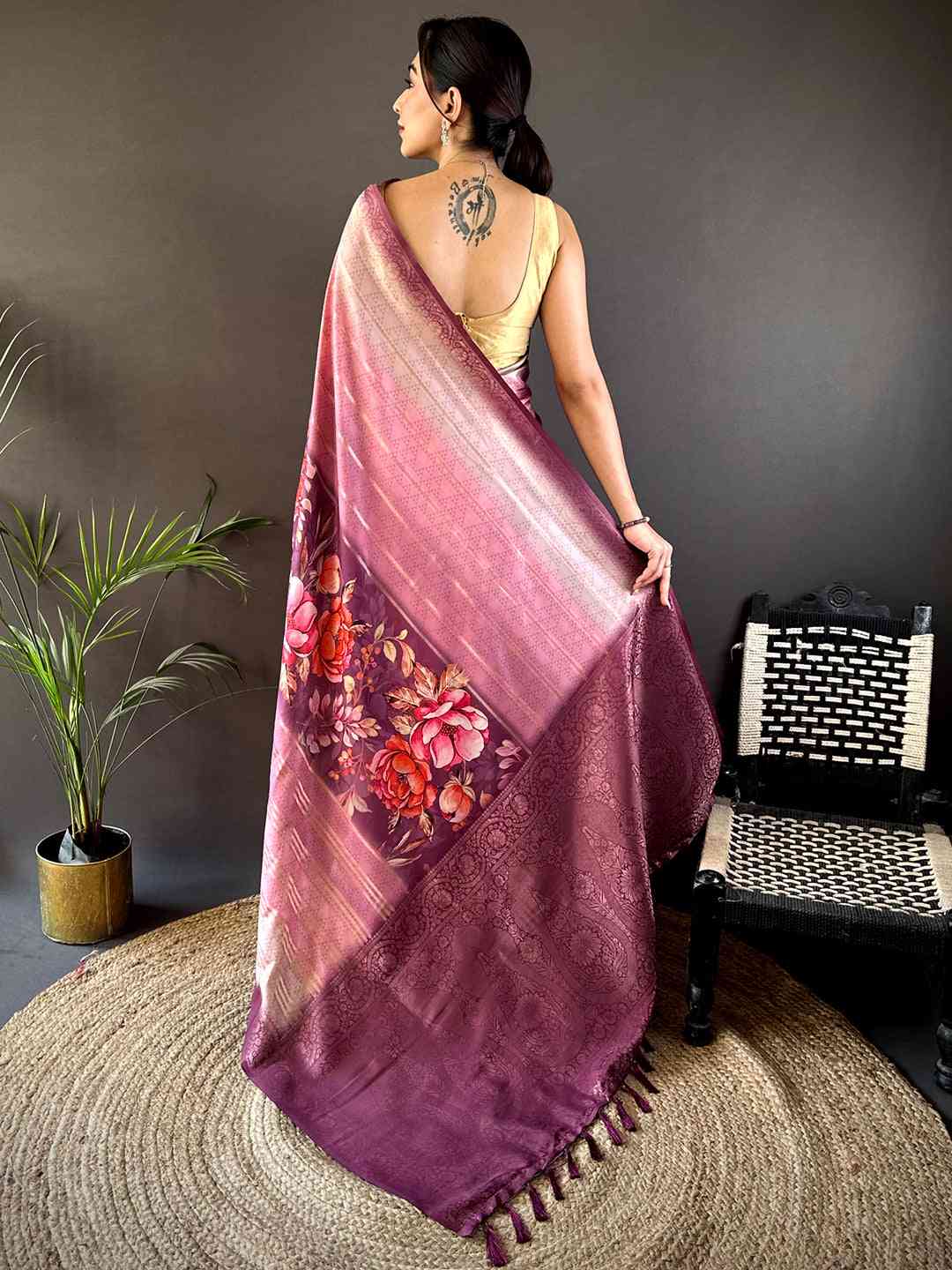 Mauve Kalamkari Ombre Crepe Silk Saree by My Store