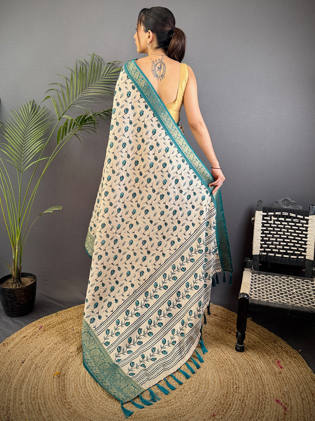 Radiant Leaf Print Soft Dola Silk Saree by My Store